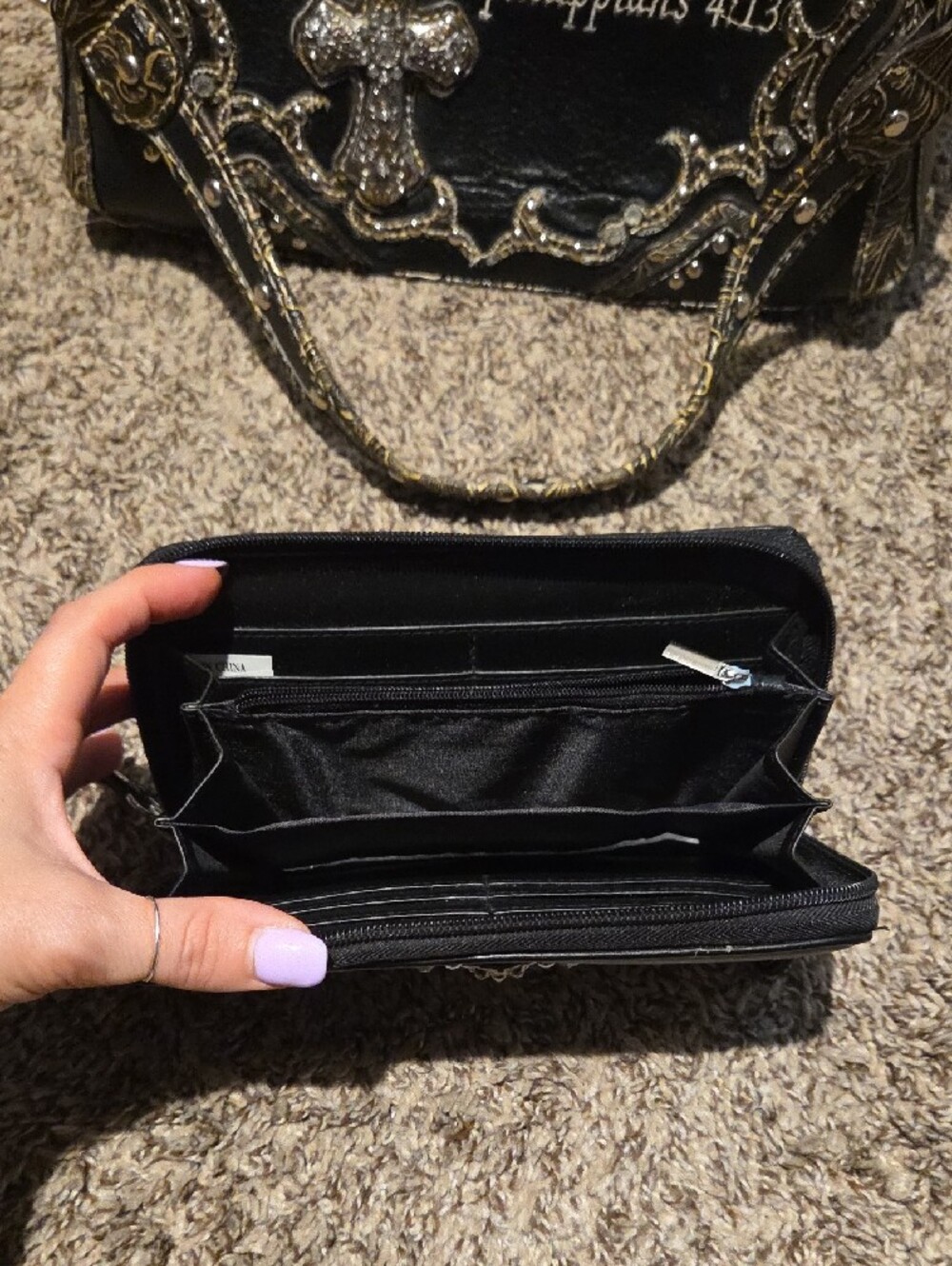 Cross Embellished Black Leather Handbag and Wallet - Picture 2 of 13